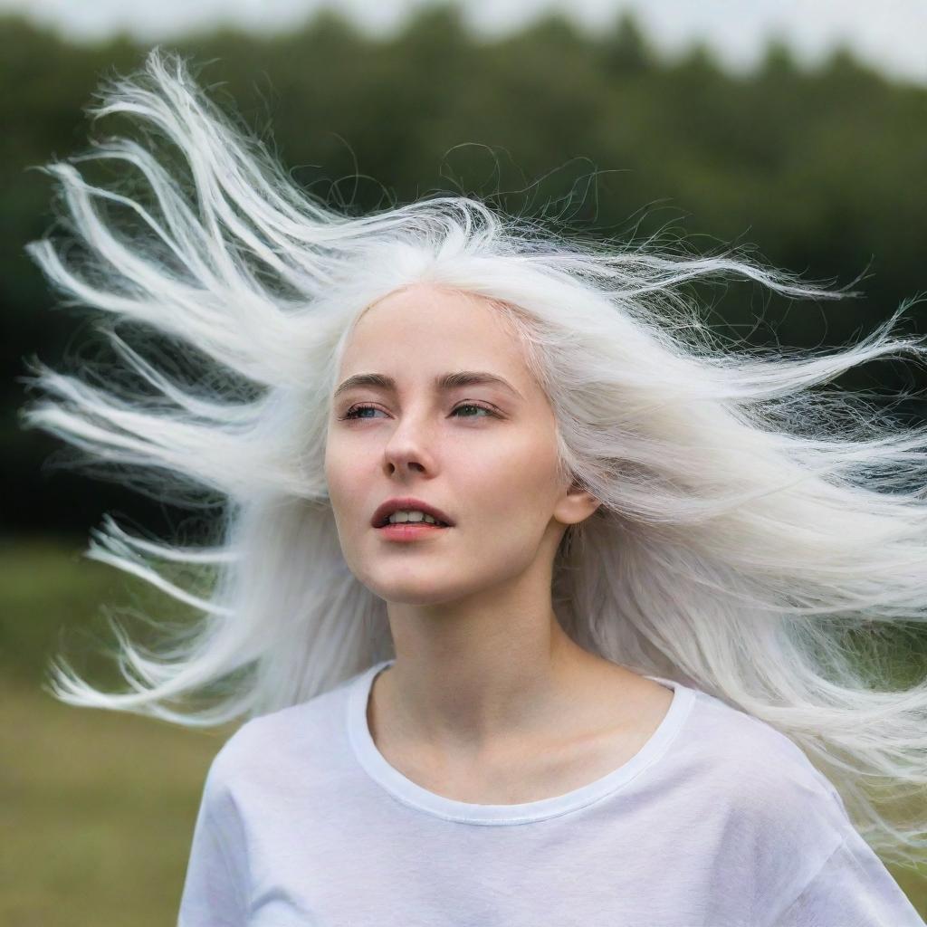 A young girl with vibrant white hair fluttering in the wind.