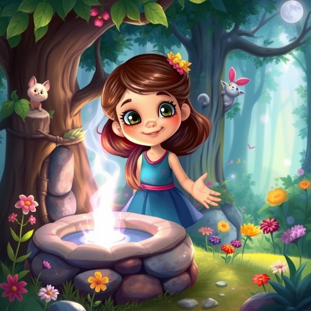 A vibrant and whimsical illustration of Lila, a young girl with bright eyes and a curious smile, standing beside a magical well in an enchanted forest