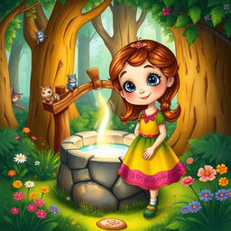 A vibrant and whimsical illustration of Lila, a young girl with bright eyes and a curious smile, standing beside a magical well in an enchanted forest