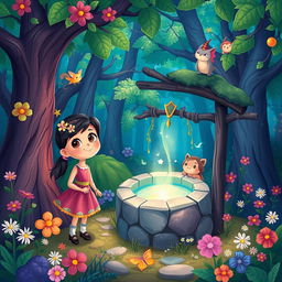 A vibrant and whimsical illustration of Lila, a young girl with bright eyes and a curious smile, standing beside a magical well in an enchanted forest