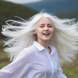 A young girl with vibrant white hair fluttering in the wind.