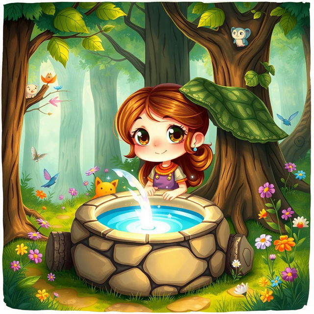 A vibrant and whimsical illustration of Lila, a young girl with bright eyes and a curious smile, standing beside a magical well in an enchanted forest