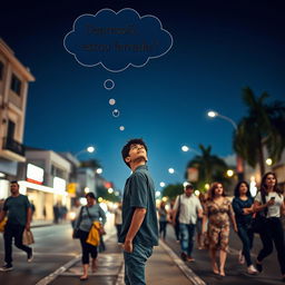 Create an image of a young man standing on the sidewalk of a street, looking up at the sky on a clear night