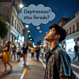 Create an image of a young man standing on the sidewalk of a street, looking up at the sky on a clear night