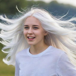 A young girl with vibrant white hair fluttering in the wind.