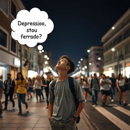 Create an image of a young man standing on the sidewalk of a street, looking up at the sky on a clear night