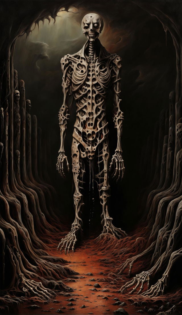 A Beksiński-inspired painting depicting a grotesque skeletal structure adorned with screaming faces in a desolate landscape under a swirling sky. A solitary figure with empty eye sockets stands in the foreground.