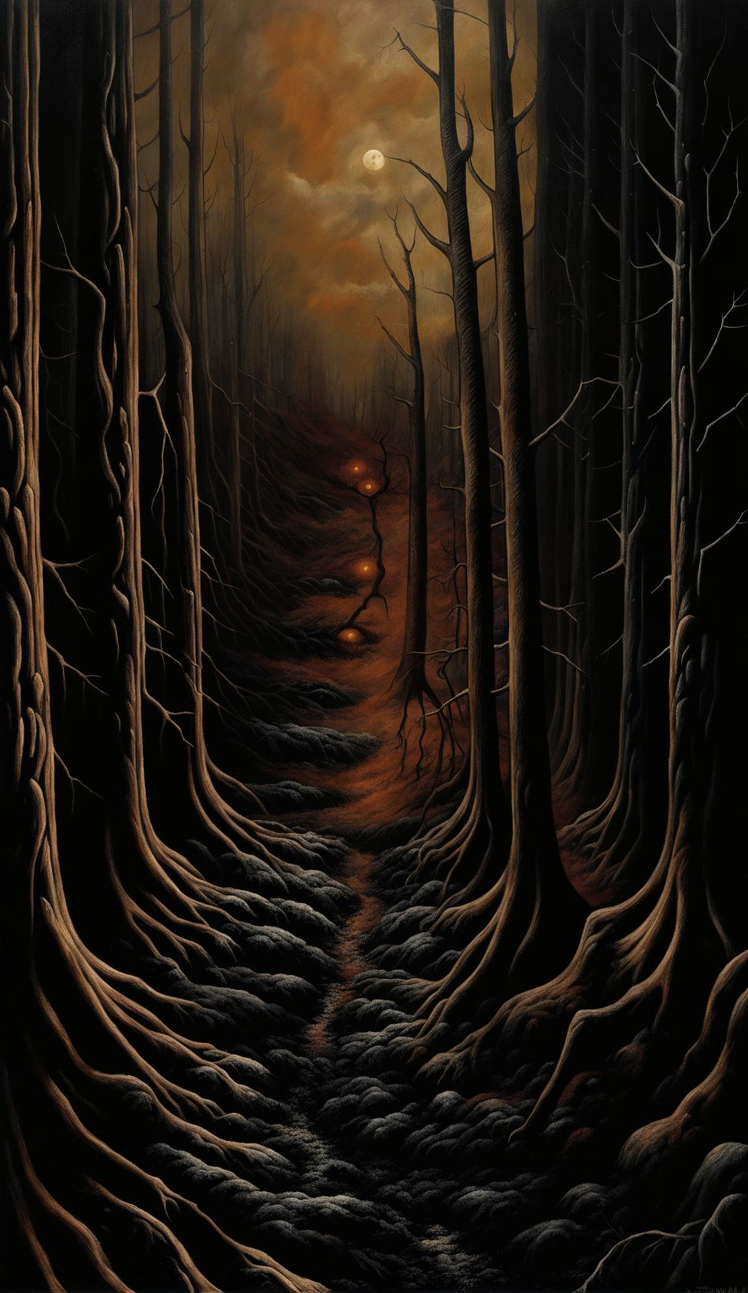 A Beksiński-inspired painting depicting a desolate forest with skeletal trees and glowing eyes watching from the shadows.