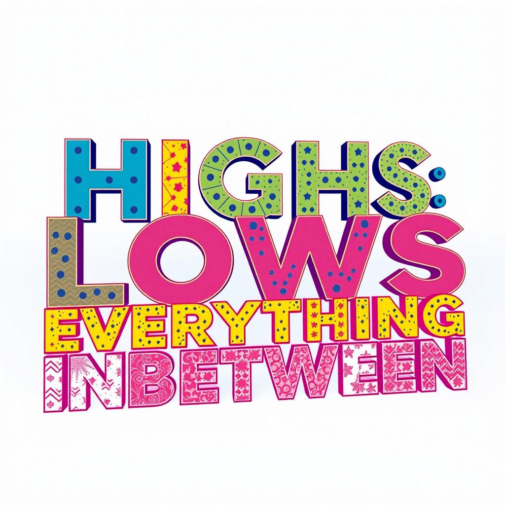 Create a vibrant and eye-catching word art design with the phrase 'Highs Lows and Everything Inbetween' in a landscape orientation