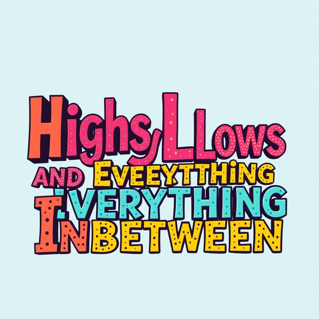 Create a vibrant and eye-catching word art design with the phrase 'Highs Lows and Everything Inbetween' in a landscape orientation