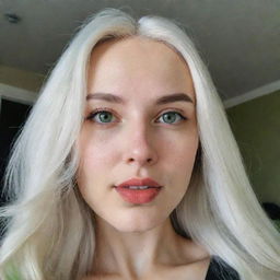 A realistic selfie of a girl with flowing white hair, well-proportioned facial features including a petite, smooth nose, dimples on her thin cheeks, pronounced cheekbones, arching black eyebrows, captivating green eyes, and bow-shaped lips, captured on a low-quality phone camera.