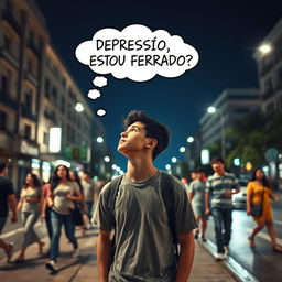 Create an image of a young man standing on the sidewalk of a street, looking up at the sky on a clear night