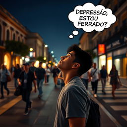 Create an image of a young man standing on the sidewalk of a street, looking up at the sky on a clear night