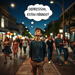 Create an image of a young man standing on the sidewalk of a street, looking up at the sky on a clear night