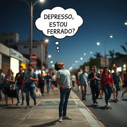 Create an image of a young man standing on the sidewalk of a street, looking up at the sky on a clear night