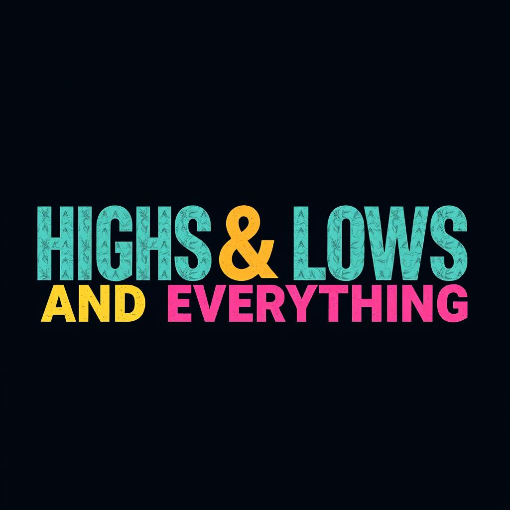 Create a vibrant and eye-catching word art design with the phrase 'Highs Lows and Everything Inbetween' in a landscape orientation