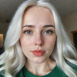 A realistic selfie of a girl with flowing white hair, well-proportioned facial features including a petite, smooth nose, dimples on her thin cheeks, pronounced cheekbones, arching black eyebrows, captivating green eyes, and bow-shaped lips, captured on a low-quality phone camera.