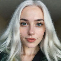 A realistic selfie of a girl with flowing white hair, well-proportioned facial features including a petite, smooth nose, dimples on her thin cheeks, pronounced cheekbones, arching black eyebrows, captivating green eyes, and bow-shaped lips, captured on a low-quality phone camera.