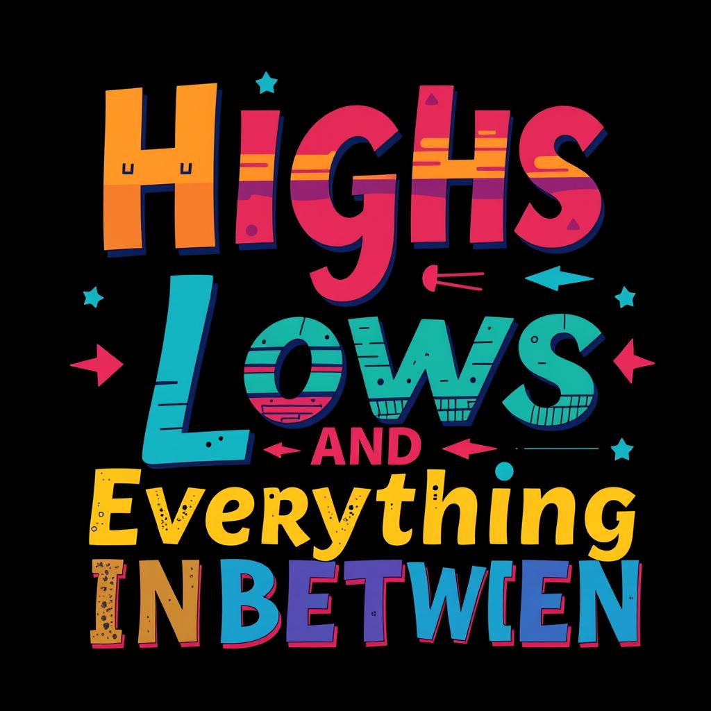 Generate a vibrant and eye-catching word art design with the phrase 'Highs Lows and Everything Inbetween' in a landscape orientation