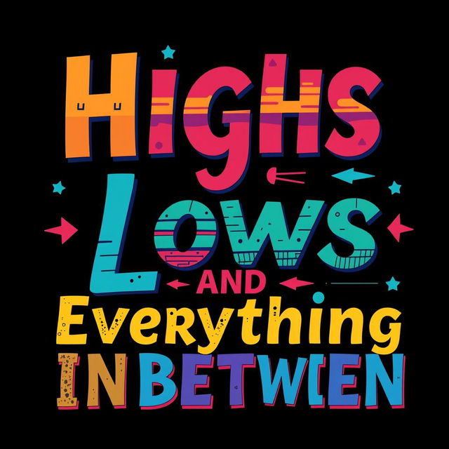 Generate a vibrant and eye-catching word art design with the phrase 'Highs Lows and Everything Inbetween' in a landscape orientation