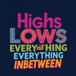 Generate a vibrant and eye-catching word art design with the phrase 'Highs Lows and Everything Inbetween' in a landscape orientation