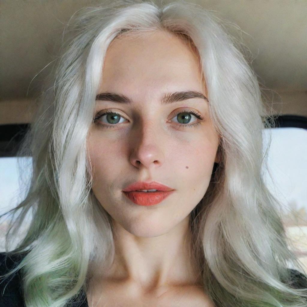 A realistic selfie of a girl with flowing white hair, well-proportioned facial features including a petite, smooth nose, dimples on her thin cheeks, pronounced cheekbones, arching black eyebrows, captivating green eyes, and bow-shaped lips, captured on a low-quality phone camera.