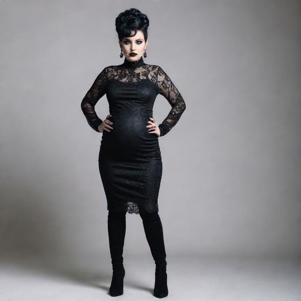 A stylish Goth woman who is noticeably pregnant, standing confidently with her hands on her hips. She's wearing a black lace dress, high boots, and heavy makeup, while her black-dyed hair is styled into an intricate updo.