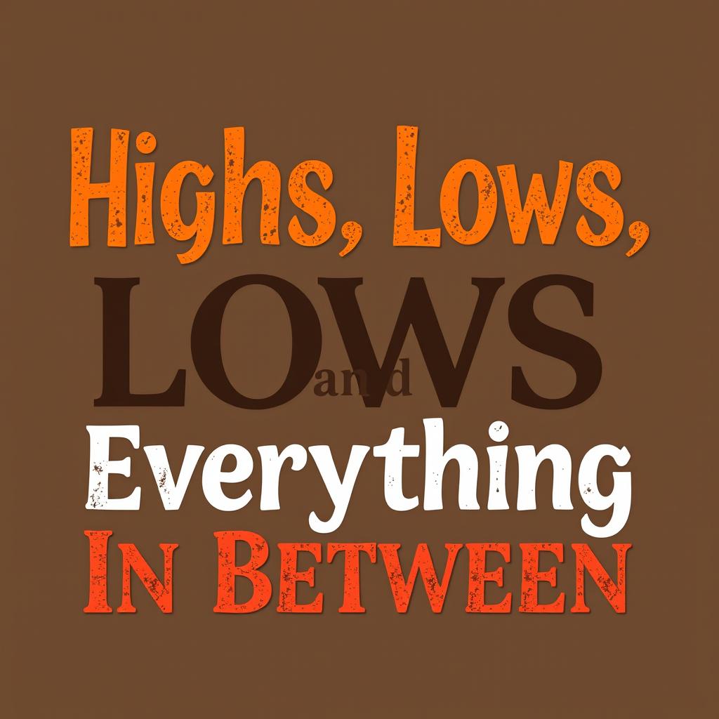 Design a vibrant and eye-catching word art cover for a book with the title 'Highs, Lows, and Everything In Between