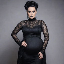 A stylish Goth woman who is noticeably pregnant, standing confidently with her hands on her hips. She's wearing a black lace dress, high boots, and heavy makeup, while her black-dyed hair is styled into an intricate updo.