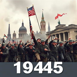 A historical scene depicting the year 1945, capturing the end of World War II