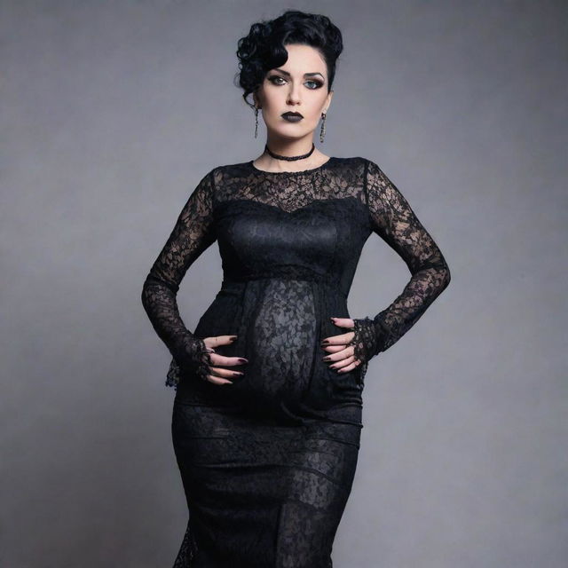 A stylish Goth woman who is noticeably pregnant, standing confidently with her hands on her hips. She's wearing a black lace dress, high boots, and heavy makeup, while her black-dyed hair is styled into an intricate updo.