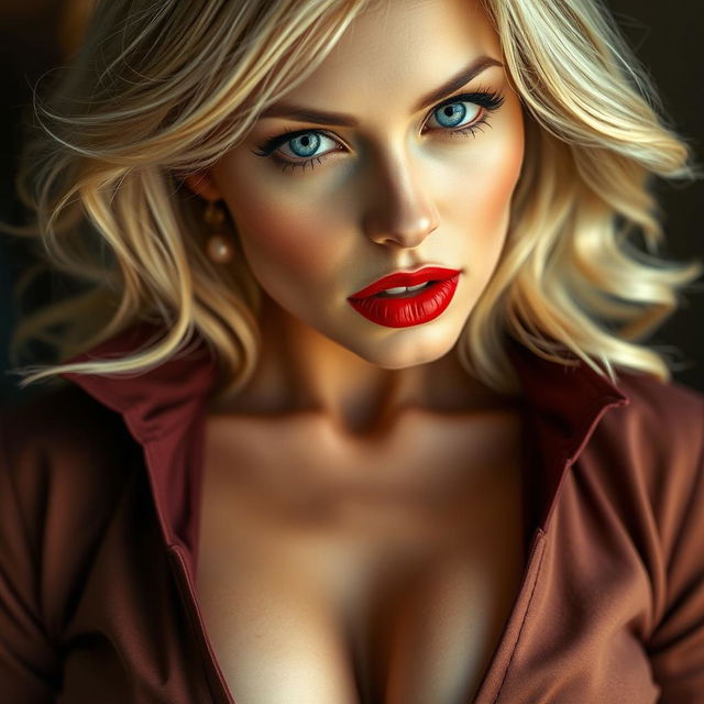 A seductive Russian woman with blonde hair, blue eyes, and red lips, wearing an outfit that reveals a lot of cleavage