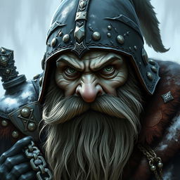 Create an image of a dwarf with no beard, characterized by a mad, intense gaze