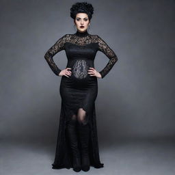 A stylish Goth woman who is noticeably pregnant, standing confidently with her hands on her hips. She's wearing a black lace dress, high boots, and heavy makeup, while her black-dyed hair is styled into an intricate updo.