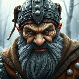 Create an image of a dwarf with no beard, characterized by a mad, intense gaze