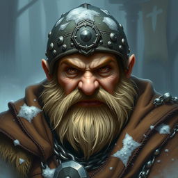 Create an image of a dwarf with no beard, characterized by a mad, intense gaze