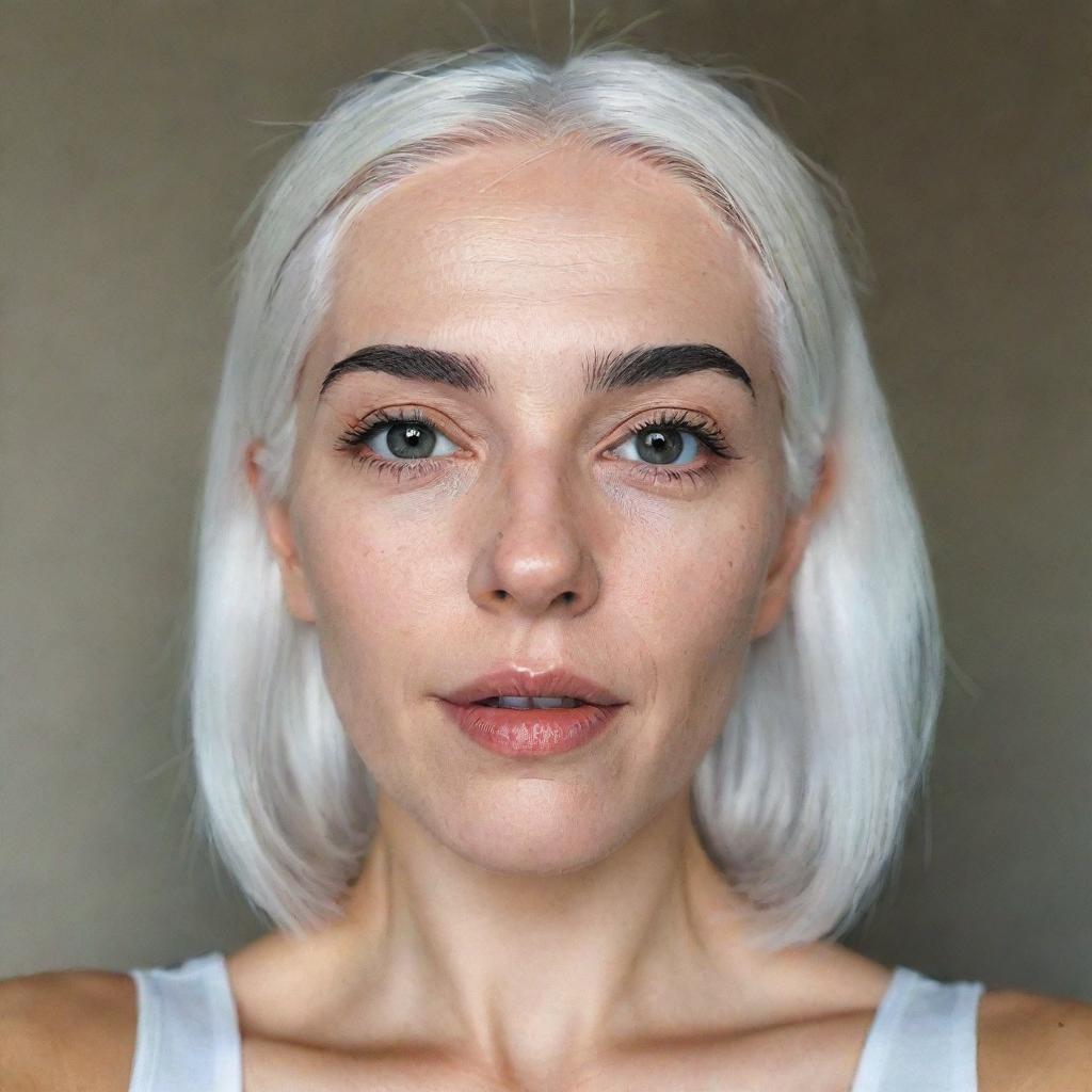 A realistic selfie of a woman with white hair posing funnily. She has well-proportioned facial features, a small, smooth nose, dimples, bow-shaped lips, thin cheeks with striking cheekbones, large black eyebrows, medium smooth eyes, all captured on a low-quality phone camera.