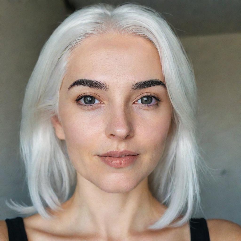 A realistic selfie of a woman with white hair posing funnily. She has well-proportioned facial features, a small, smooth nose, dimples, bow-shaped lips, thin cheeks with striking cheekbones, large black eyebrows, medium smooth eyes, all captured on a low-quality phone camera.