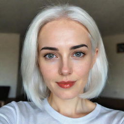 A realistic selfie of a woman with white hair posing funnily. She has well-proportioned facial features, a small, smooth nose, dimples, bow-shaped lips, thin cheeks with striking cheekbones, large black eyebrows, medium smooth eyes, all captured on a low-quality phone camera.