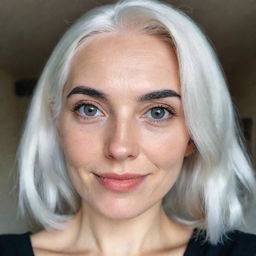 A realistic selfie of a woman with white hair posing funnily. She has well-proportioned facial features, a small, smooth nose, dimples, bow-shaped lips, thin cheeks with striking cheekbones, large black eyebrows, medium smooth eyes, all captured on a low-quality phone camera.