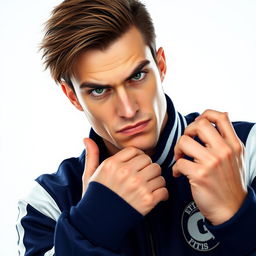 A handsome man with brown hair and green eyes wearing a football team jacket is looking straight ahead and rubbing his hands with an evil expression