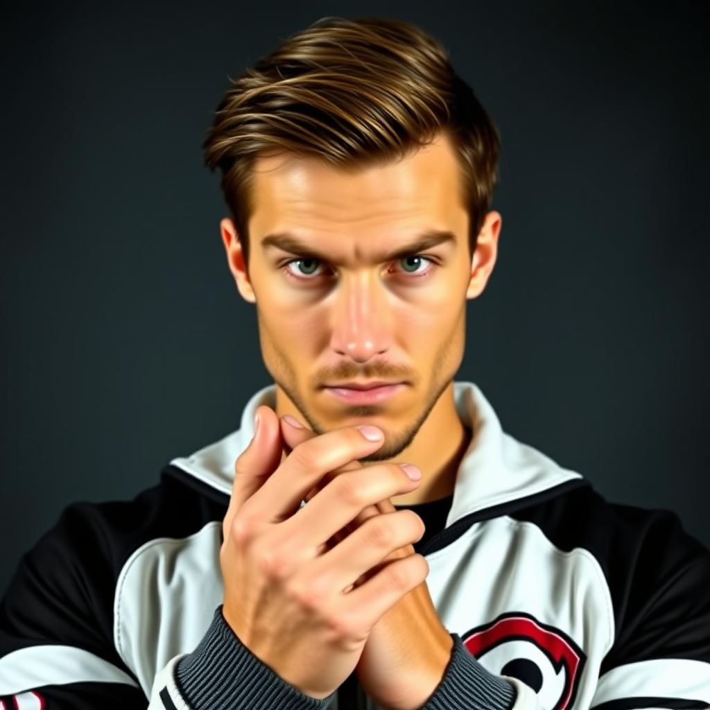 A handsome man with brown hair and green eyes wearing a football team jacket is looking straight ahead and rubbing his hands with an evil expression