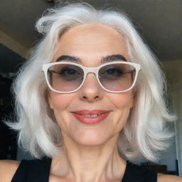 A realistic selfie of a woman with gleaming white hair wearing sunny glasses. She has properly proportioned facial features, a trim, smooth nose, dimples, bow-shaped lips, thin cheeks with highlighted cheekbones, large black eyebrows, moderate and smooth eyes, the image was captured using a low-quality phone camera.