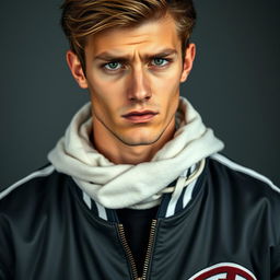 A handsome man with brown hair and green eyes wearing a bad boy football team jacket