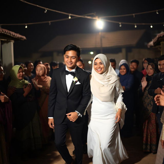 A groom in a black suit and a bride in a white dress with a hijab hold hands as they walk through a crowd of relatives at night in a village