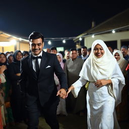 A groom in a black suit and a bride in a white dress with a hijab hold hands as they walk through a crowd of relatives at night in a village