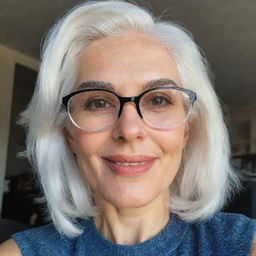 A realistic selfie of a woman with gleaming white hair wearing sunny glasses. She has properly proportioned facial features, a trim, smooth nose, dimples, bow-shaped lips, thin cheeks with highlighted cheekbones, large black eyebrows, moderate and smooth eyes, the image was captured using a low-quality phone camera.