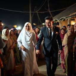 A groom in a black suit and a bride in a white dress with a hijab hold hands as they walk through a crowd of relatives at night in a village