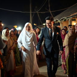 A groom in a black suit and a bride in a white dress with a hijab hold hands as they walk through a crowd of relatives at night in a village