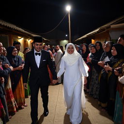 A groom in a black suit and a bride in a white dress with a hijab hold hands as they walk through a crowd of relatives at night in a village